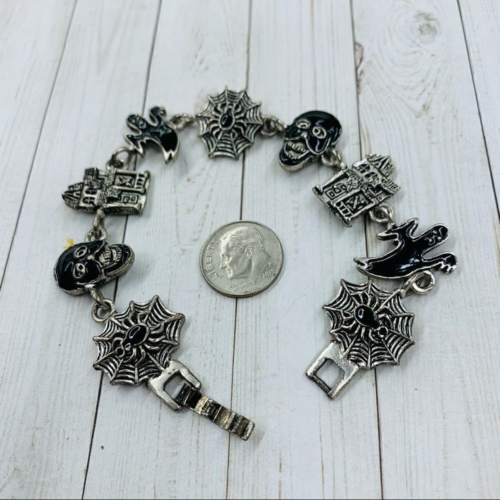 Silver Black Enameled Halloween Bracelet‎